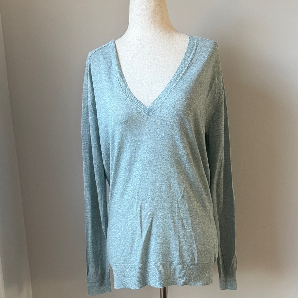 Theory V-Neck Knit Sweater Linen Silk Blend Lightweight In Light Green Small
